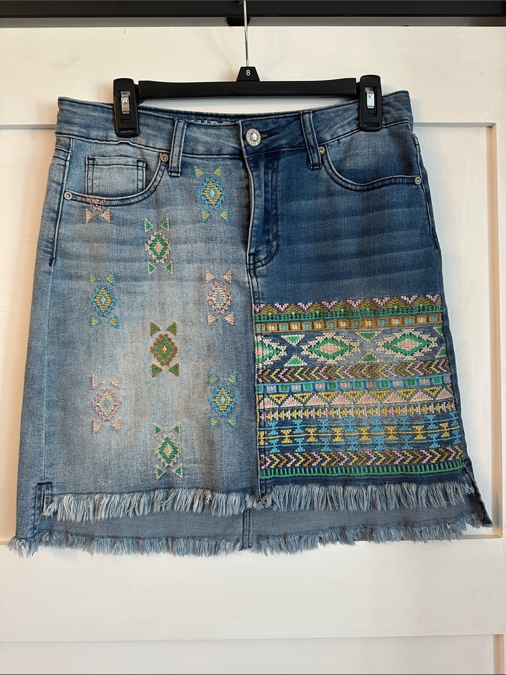 Hydraulic Two-Tone Embroidered Denim Mini Skirt in Blue